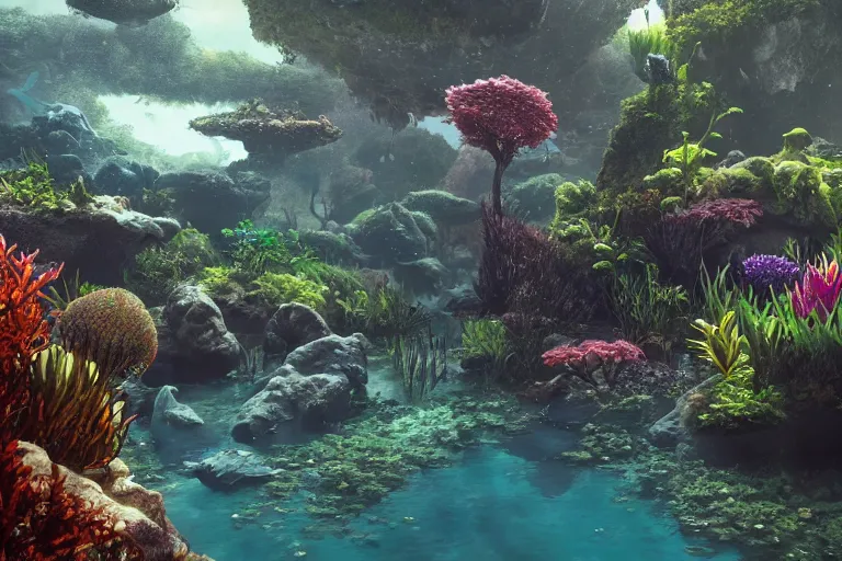 Prompt: dramatic landscape of an underwater garden habitat in the shade. intricate subnautica base, trending on cgsociety, peaceful atmosphere, natural volumetric lighting, exaggerated detail, wide angle, octane render, raytraced realistic