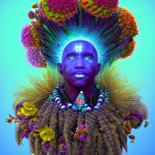 Prompt: african shaman with an afro made of flowers, third eye art art by machina infinitum, complexity from simplicity, rendered in octane, mandelbulb 3 d, ambient occlusion, macro photography, black opal