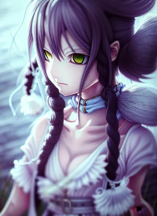 Image similar to a portrait of nekomimi wearing white dress an ultrafine detailed painting, detailed painting, detailed eyes!!, final fantasy octopath traveler lovecraft realistic hands cosmic horror