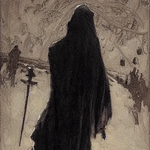 Image similar to Back view of the grim reaper, curvy, intricate, maximalism, deep shadows, award winning, by Ilya Repin