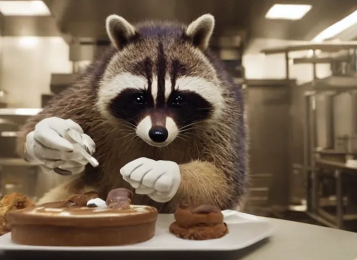 Image similar to film still of Rocket Racoon working as a pastry chef in the new Avengers movie, 4k