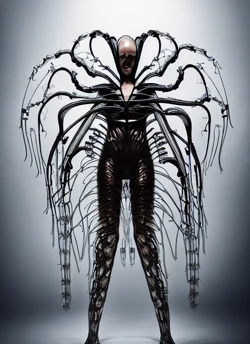 Image similar to iris van herpen gothic inflateble dark dress, perfect symmetrical body, helmet on face, full body shot, alien, plant predator, guyver, giger, wires, tubes, veins, jellyfish, white biomechanical details, wearing epic bionic cyborg implants, masterpiece, intricate, biopunk, vogue, highly detailed, artstation, concept art