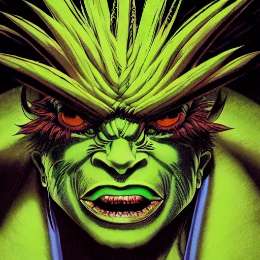 Image similar to portrait closeup of crazy blanka, symmetrical, cinematic colors, by yoichi hatakenaka, masamune shirow, josan gonzales and dan mumford, ayami kojima, takato yamamoto, barclay shaw, karol bak, yukito kishiro