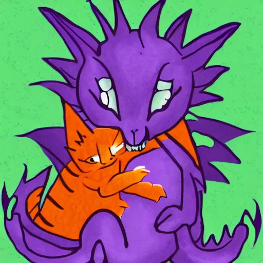 Image similar to small cute purple dragon, the dragon is hugging an orange tabby cat, soft, cozy