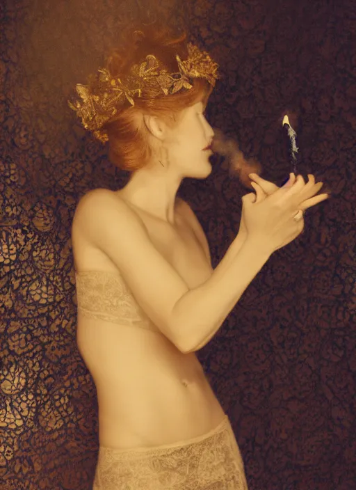 Prompt: a photo of a woman in a dark room wearing lace smoking a cigarette advertisement photography by mucha, candlelight, pagan, extremely coherent, sharp focus, elegant, render, octane, detailed, award winning photography, masterpiece, rim lit