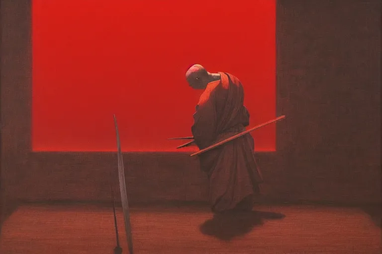 Image similar to only with red, a red samurai do seppuku, tokio, a lot of frogs watch, in the style of beksinski, parts by edward hopper, parts by rodcenko, parts by yue minjun, intricate and epic composition, red by caravaggio, insanely quality, highly detailed, masterpiece, red light, artstation, 4 k