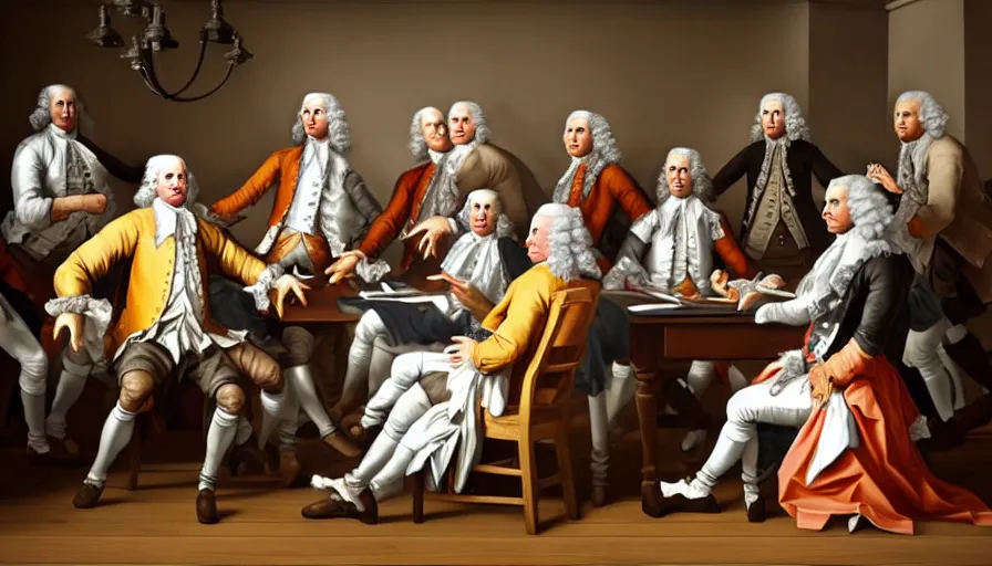 Prompt: A 17th century Baroque Painting of the Founding Fathers doing Fortnite dances grainy, realistic, hyperrealistic, very realistic, very very realistic, highly detailed, very detailed, extremely detailed, detailed, digital art, trending on artstation, detailed faces, very detailed faces, very detailed faces, realism, HD Quality, 8k resolution, intricate details, painting, oil painting, trending on deviantart, Baroque Painting