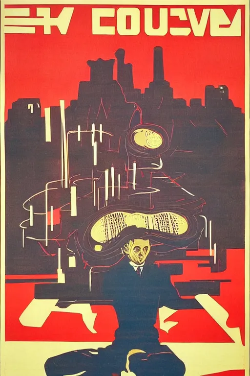 Prompt: soviet propaganda poster of a sound synthesizer solving world problems