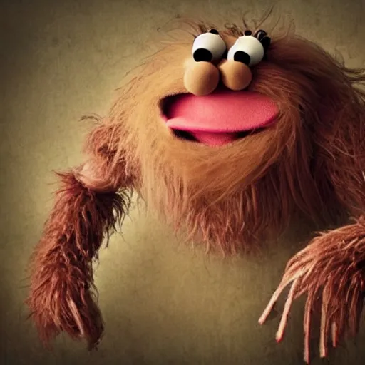 Image similar to a still of a forgotten muppet character looking very manly and modern, hilarious, laughing, hairy chest, huge chin, manly monster tough guy, roughled fur, photo real, photographic, photograph, artstation, trending, featured