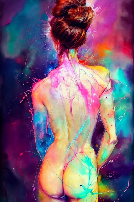 Image similar to sophia vergara by agnes cecile enki bilal moebius, intricated details, 3 / 4 back view, hair styled in a bun, bendover posture, full body portrait, extremely luminous bright design, pastel colours, drips, autumn lights