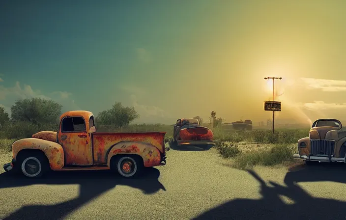 Prompt: A sunset light landscape with historical route66, abandoned gas station, old rusty pickup-truck, lots of sparkling details and sun ray’s, blinding backlight, smoke, volumetric lighting, octane, 35 mm, beautiful reflections, heavenly, softlight