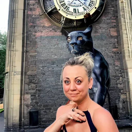 Image similar to A detailed photo of Kaley Cuoco under the Eastgate clock in Chester. Behind her we see a black panther