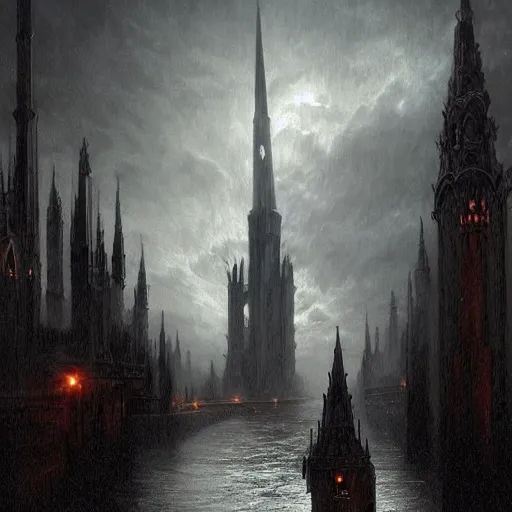 Image similar to an ultra detailed matte painting of a lonely and impossibly tall ominous gothic dark citadel tower of the evil patriarch, elevated high above the city, in a river elevated high above the city, fantasy capital city, ultrawide lense, aerial photography, scary thunderstorm, light fog, volumetric lighting, exquisite detail, 8 k, art by greg rutkowski and alphonse mucha