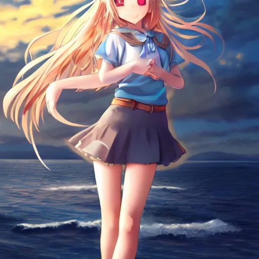 Image similar to a very beautiful anime cute girl, full body, long wavy blond hair, sky blue eyes, full round face, short smile, fancy top, miniskirt, front view, summer lake setting, cinematic lightning, medium shot, highly detailed, cinematic wallpaper by Stanley Artgerm Lau