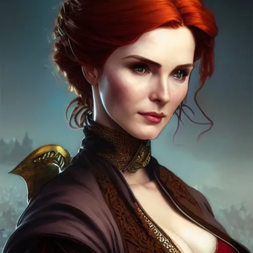 Prompt: Triss Merigold from The Witcher, D&D, fantasy, intricate, elegant, highly detailed, digital painting, artstation, concept art, matte, sharp focus, illustration, art by Artgerm and Greg Rutkowski and Alphonse Mucha