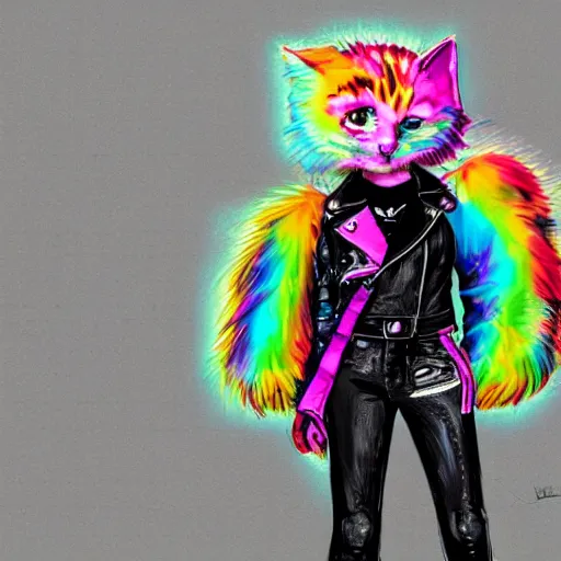 Image similar to wide angle full body, jacket wearing fluffy cute rainbow kitten wearing a black leather motorcycle jacket, concept art