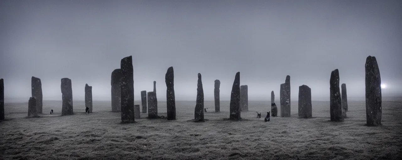 Image similar to 'an army of cats sit in front of the neolithic standing stones of stenness, haunting, fog, grainy, snowing, atmospheric clouds'