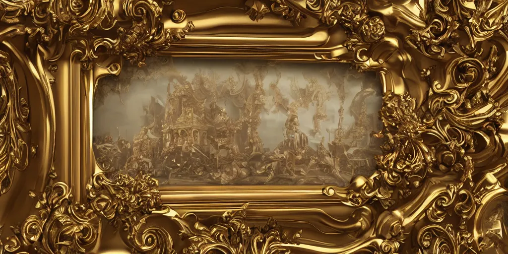 Image similar to hyper detailed baroque picture frame on a wall, 3 d octane render, ultra photorealistic