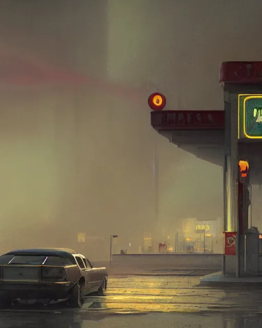 Image similar to a highly detailed epic cinematic concept art CG render digital painting artwork: Soviet gas station, fog, neon. By Greg Rutkowski, in the style of Francis Bacon and Syd Mead and Norman Rockwell and Beksinski, open ceiling, highly detailed, painted by Francis Bacon and Edward Hopper, painted by James Gilleard, surrealism, airbrush, Ilya Kuvshinov, WLOP, Stanley Artgerm, very coherent, triadic color scheme, art by Takato Yamamoto and James Jean
