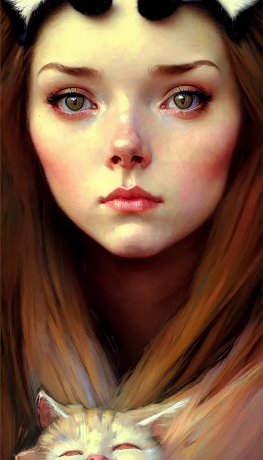 Prompt: girl with cat ears, close up portrait, sunrise, highkey, brunette, realistic, serov, surikov, vasnetsov, repin, kramskoi, paint texture, uplight, insanely detailed and intricate, charlie bowater, tom bagshaw, norman rockwell, octane rendered, unreal engine, illustration, trending on artstation, 8 k