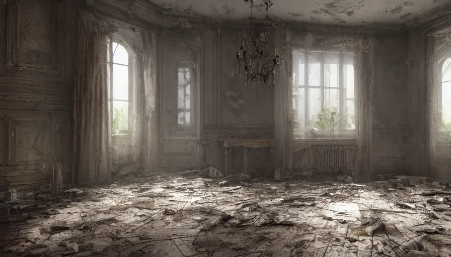 Image similar to abandoned 3 0's rich manor, dust floor, dust particles, moonlight through broken windows, floating curtains, dirt on the floor, old wood, hyperdetailed, artstation, cgsociety, 8 k