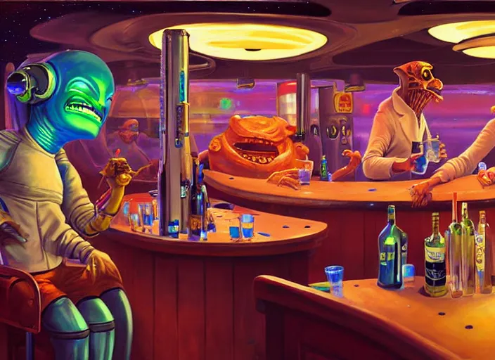 Image similar to crowded dive bar on a space station. an alien bartender serves a drink to a drunk human. painting by dan volbert and mandy jurgens and deiv calviz and lim chuan shin