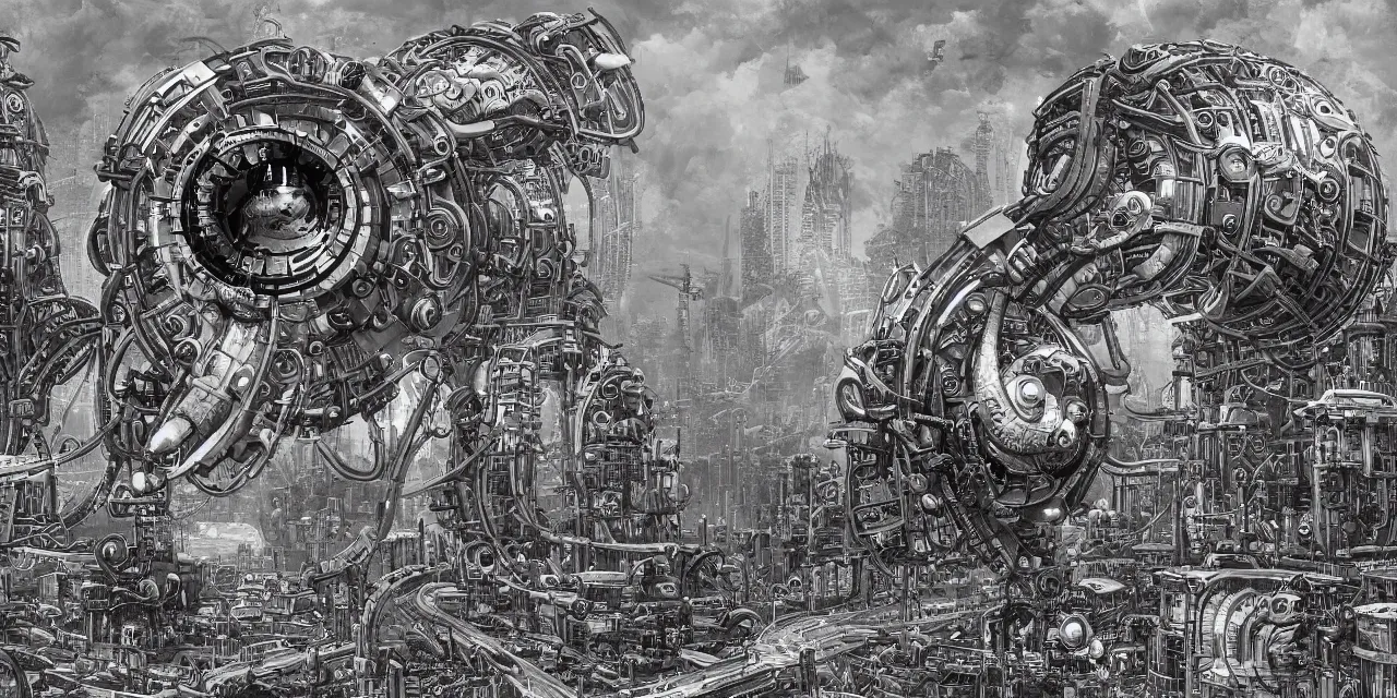 Image similar to hyper detailed comic illustration of a giant fleshy bio-mechanical machine tower with one eyeball at the top, overlooking a dystopian wasteland