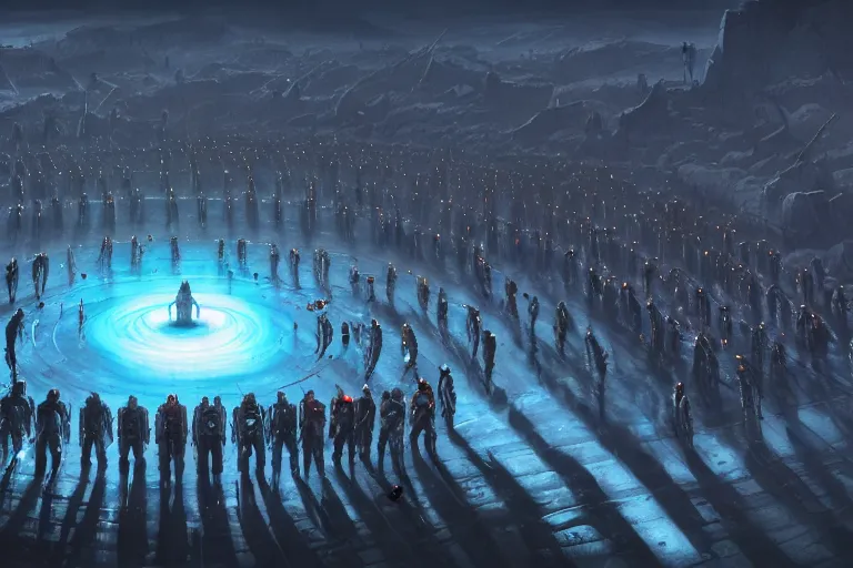 Image similar to high angle view of a crowd of androids walking in a line along a spiral path towards an ancient alien portal, pilgrimage, in mad max style, stargate, coriolios rpg art style, full of details, dark sci - fi, cold blue colors, matte painting, artstation, 8 k, hyperrealistic, style of peter mohrbacher