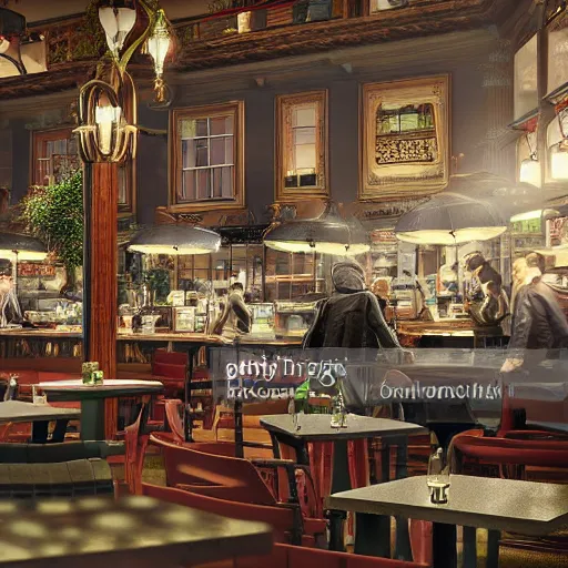 Prompt: busy cafe in a rainy victorian city, 8k, ultrarealistic, ultra hd, gloomy, photorealistic