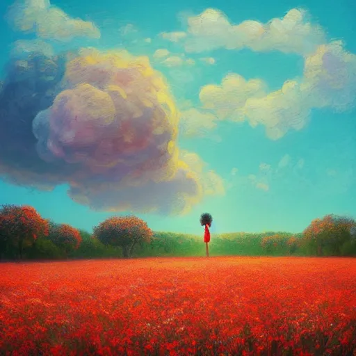 Image similar to giant red carnation afro, full body, girl walking in the middle of a field with flowers, surreal photography, hills, sunrise dramatic light, impressionist painting, colorful clouds, digital painting, pointillism, artstation, simon stalenhag