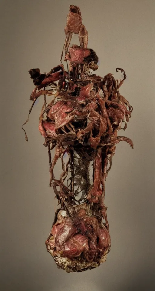 Image similar to Human flesh, bones, rotten meat and rusted metal arranged inside a flower vase