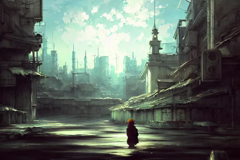 Image similar to baroque oil painting of anime key visual environment concept art of white clean abandoned concrete cityscapes, brutalist dark fantasy, rule of thirds, cinematic lighting, fake hidden detail, trending on pixiv fanbox, acrylic palette knife and brush, style of makoto shinkai studio ghibli genshin impact jamie wyeth james gilleard greg rutkowski