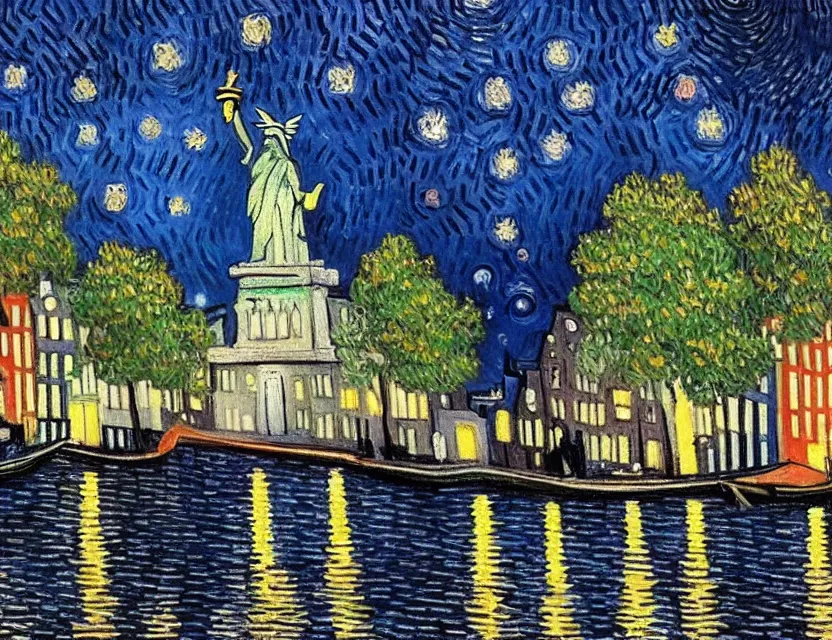 Prompt: a very realistic painting of the statue of liberty being stoned and lost in the amsterdam canals surrounded by amsterdam houses at night with romantic city light ambiance and a starry sky painting by vincent van gogh in the style of james jean, 8 k ultra realistic no noise