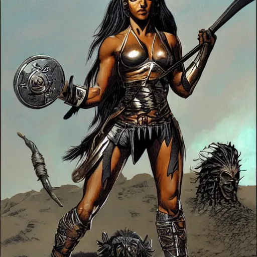 Image similar to a muscular bronze - skinned silver - eyed black - haired woman warrior wearing xena armor, holding a sword aloft, in a crowded alien arena on a hostile planet, highly detailed, ron cobb, moebius, heavy metal magazine, mike mignola, trending on art station, illustration, comic book