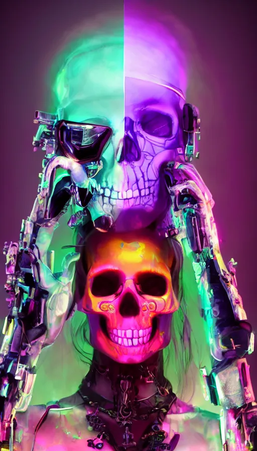 Image similar to a colorful skull with a cross on it's forehead, cyberpunk art by stanley twardowicz, cgsociety, computer art, neon, wallpaper, glowing neon, a woman wearing a silver dress and a silver mask, cyberpunk art by zhou fang, cgsociety, computer art, daz 3 d, zbrush, rendered in maya