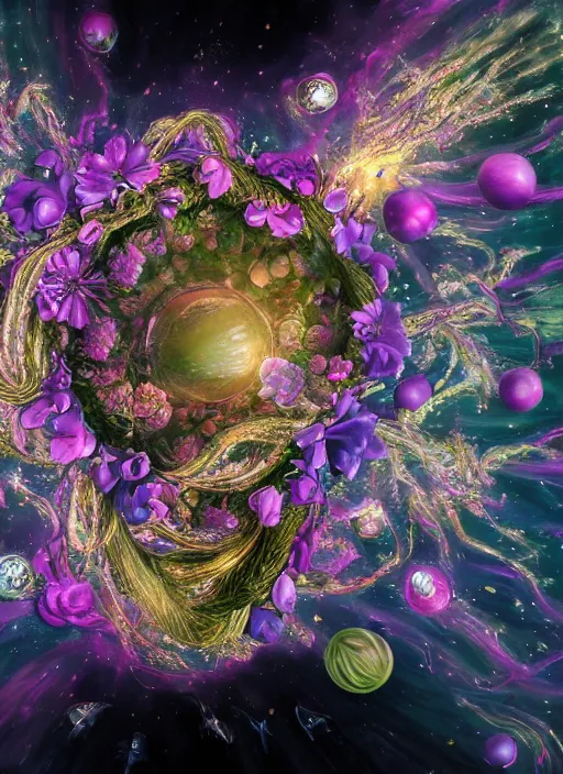 Image similar to An epic fantastic realism comic book style painting of the most beautiful spiraling entwined flowers launched exquisitely across the bright spinning universe, floating bouquets, fisheye, perfect shiny iridescent silver spheres, unreal 5, DAZ, hyperrealistic, octane render, dynamic lighting