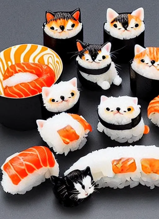 Image similar to clear photorealistic picture of adorable cats made out of sushi