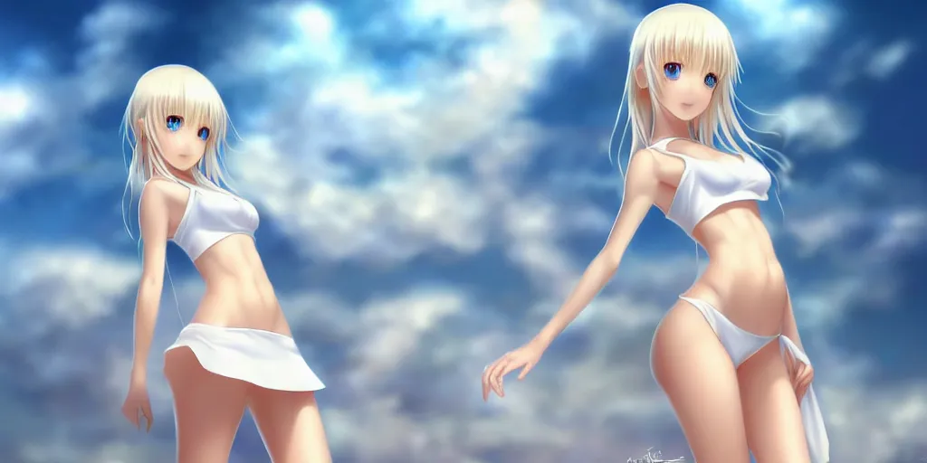 Image similar to tiny father a tall daughter picture : a very beautiful young blond anime girl, sky blue eyes, bikini, white miniskirt, highly detailed, cinematic wallpaper by stanley artgerm lau