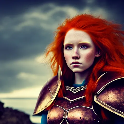 Image similar to north female warrior, red hair, ginger hair, fantasy, high detailed, photography, cloudy, lightweight armor, Scandinavia, plain, Authentic, detailed face, cute face, professional model, professional photographer, masterpiece, 8k, 3D