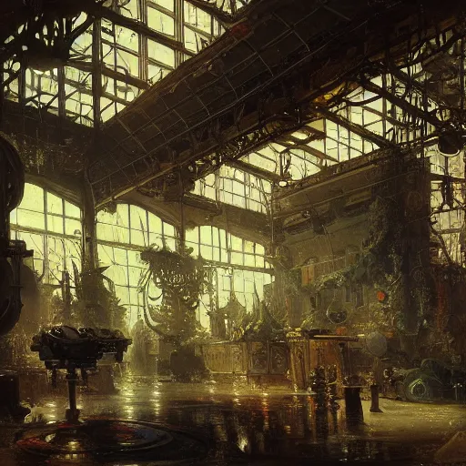 Image similar to detailed painting of a retroscifi interior in 1 9 4 0, floral ornaments, volumetrics lights, beam of bright lights through the clouds, andreas achenbach