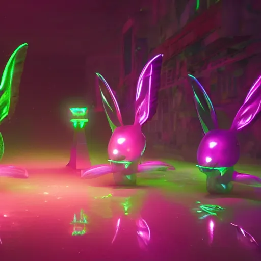 Prompt: neon fluorescent, iridescent cute bunny rabbits with fairy wings cyperpunk 2 0 7 7, unreal engine 5, 8 k ultra realistic, hyperdetailed, volumetric lighting, extremely high quality