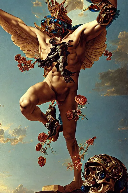 Prompt: a young handsome Spanish metal android with a large glowing battery in the center of his chest in a full-body bronze cyberpunk style statue of Icarus with glowing blue eyes, crown of peach roses, flowing teal-colored silk, fabric, flowers. baroque elements, human skull. full-length view. baroque element. intricate artwork by caravaggio. many flying horses on background. Trending on artstation, octane render, cinematic lighting from the right, hyper realism, octane render, 8k, depth of field, 3D