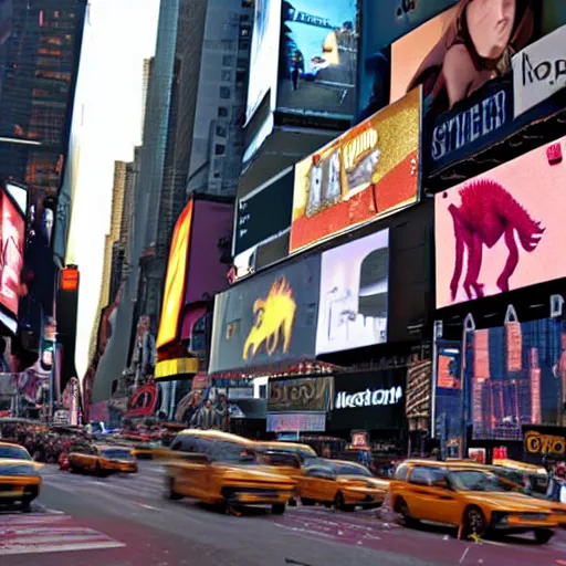 Image similar to velociraptor in Times Square, real photo