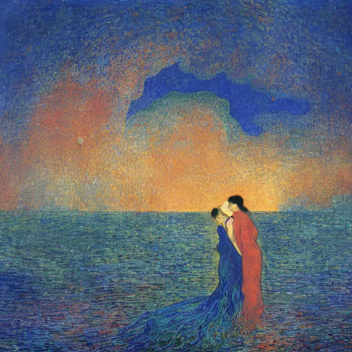 Prompt: close view of woman and man kissing at the edge of the ocean with tsunami great wave sun setting through the storm clouds. lapis - lazuli. iridescent, vivid psychedelic colors. painting by jean delville, ciurlionis mikalojus konstantinas, schiele, henri de toulouse - lautrec, utamaro, monet
