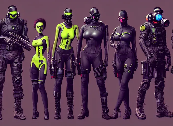 Image similar to cyberpunk blackops hazmat squad. portrait by stonehouse and mœbius and will eisner and gil elvgren and pixar. character design. realistic proportions. cyberpunk 2 0 7 7 character art, blade runner 2 0 4 9 concept art. cel shading. attractive face. thick lines. the team. diverse characters. artstationhq.