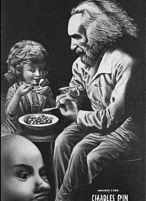 Image similar to vintage pharamaceutical magazine advertisement depicting charles manson feeding pills to children, by ernst haeckel