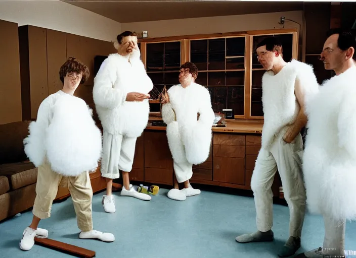 Image similar to realistic photo of a three birdmen wearing white shorts, watching at a levitating fluffy furry cloud, in a living room sci - fi laboratory with many wooden gadgets made of wood interior is made of wood 1 9 9 0, life magazine reportage photo, natural colors