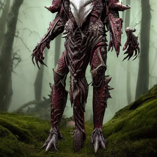 Image similar to High fantasy Yautja in dragon inspired armor in the forests plains of north yorkshire, Predator creature, alien hunter, 4k, Dragon skull biomask,