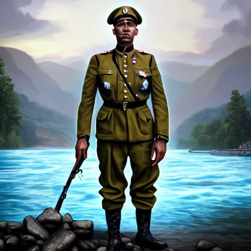 Prompt: Hearts of Iron IV. A soldier in front of a river. Digital art by Paradox Interactive, vibrant color scheme, highly detailed, fine Art, high detail, great lighting, 8k resolution, masterpiece, concept art, illustration, clear eyes, painting oil on canvas, octane render, HDR, trending on artstation, 4k, 8k, HD