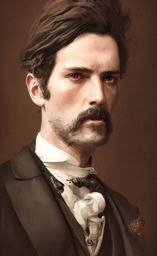 Image similar to Portrait of a victorian gentleman wearing a waistcoat, male, detailed face, victorian, highly detailed, cinematic lighting, digital art painting by greg rutkowski